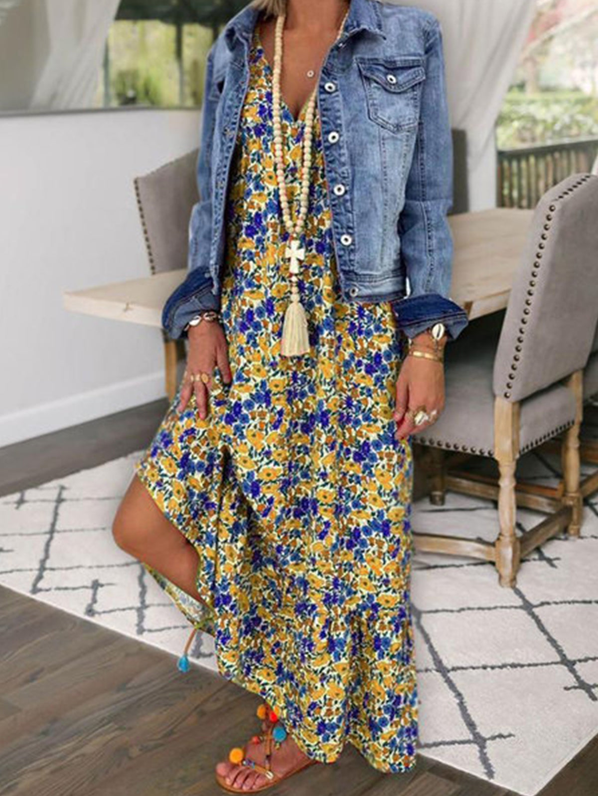 Boho Allover Floral Print V Neck Cami Maxi Dress