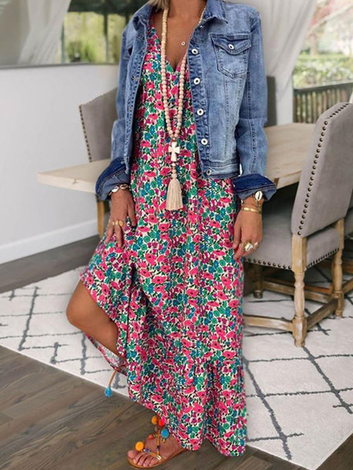 Boho Allover Floral Print V Neck Cami Maxi Dress