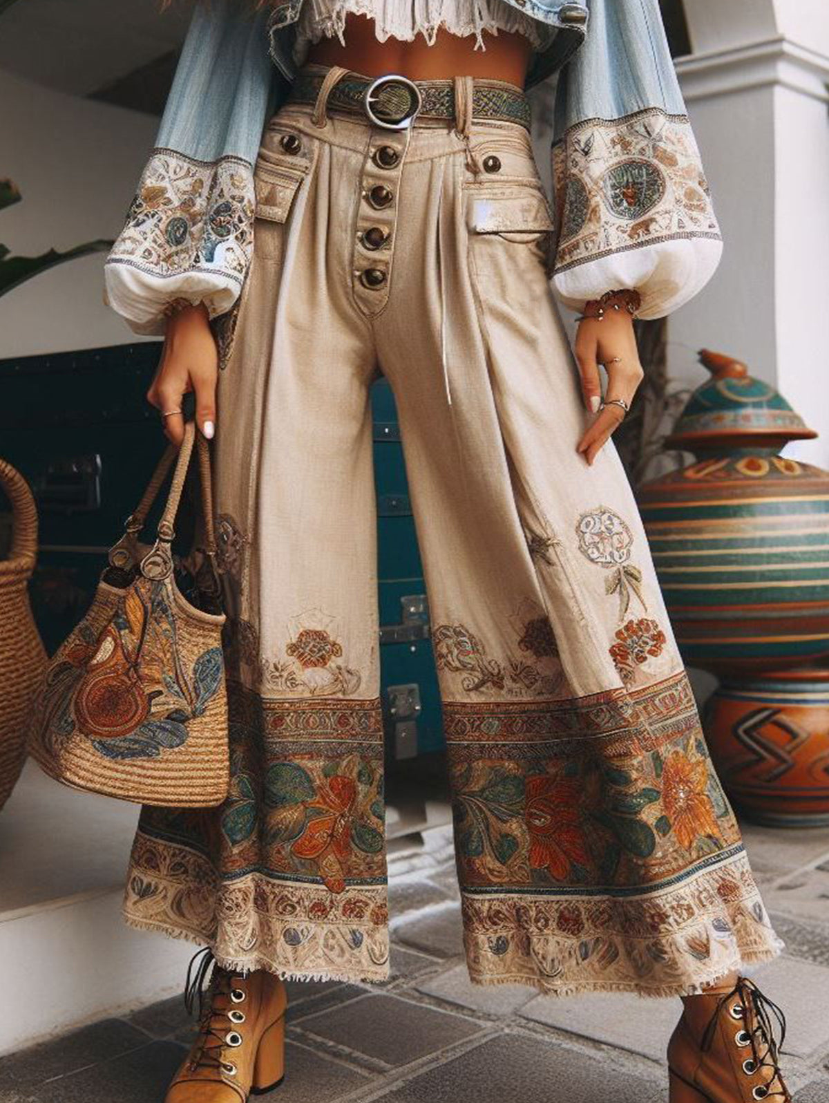Boho Patchwork High Waist Wide Leg Pocket Pants