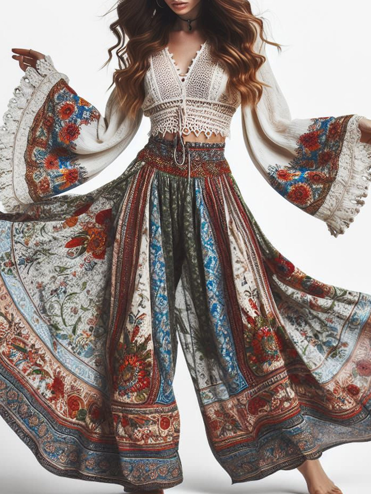 Boho Floral Pattern Cropped V Neck Flare Sleeve Blouse
