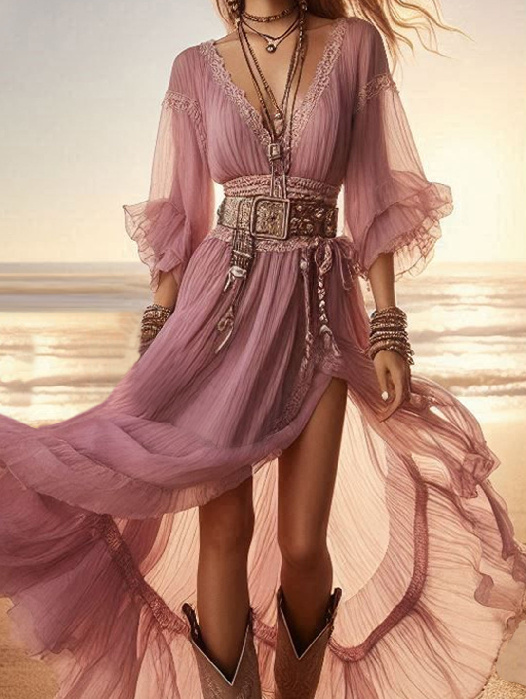 Boho V Neck Ruffled 3/4 Sleeve Split Maxi Dress