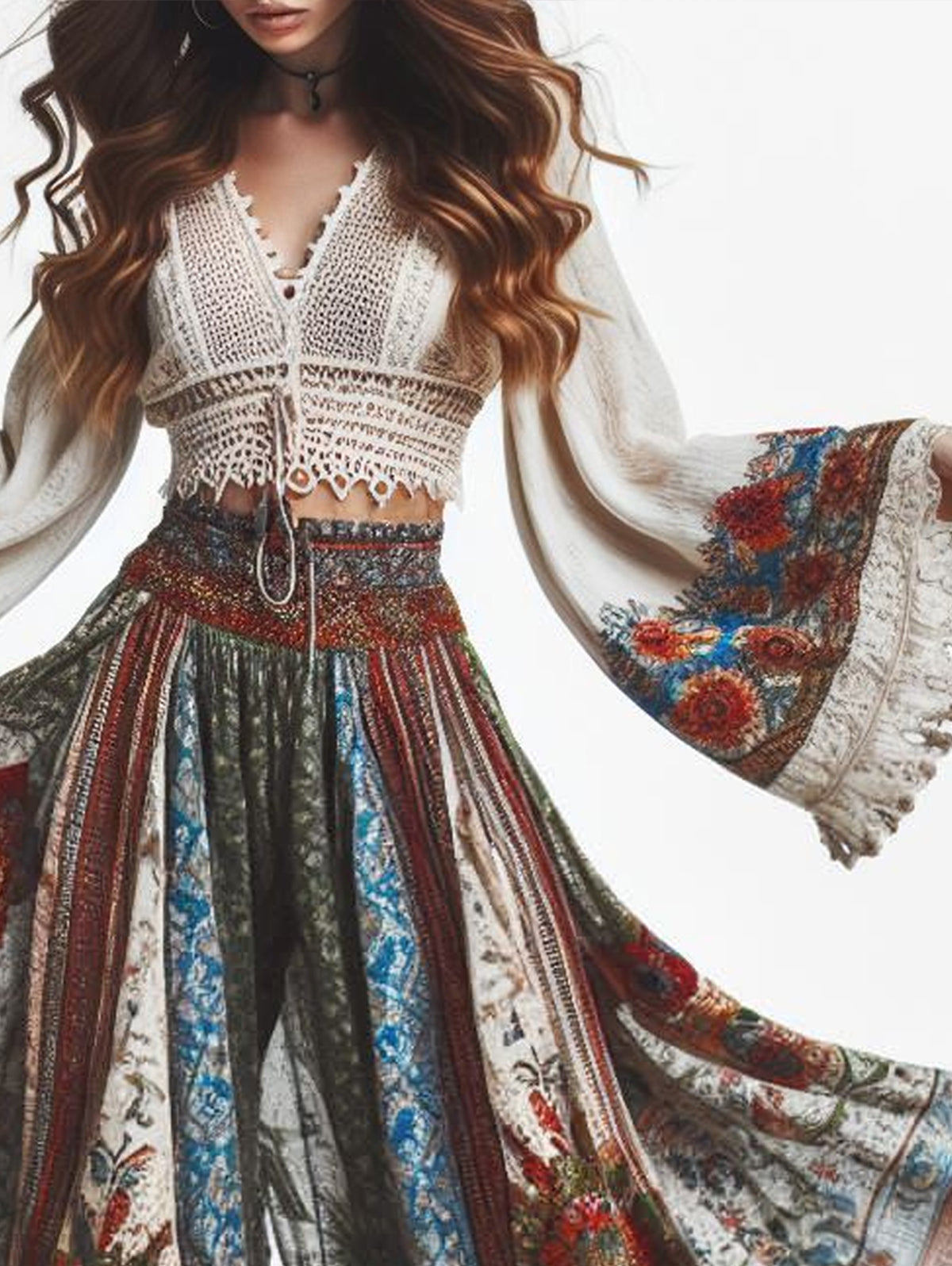 Boho Floral Pattern Cropped V Neck Flare Sleeve Blouse