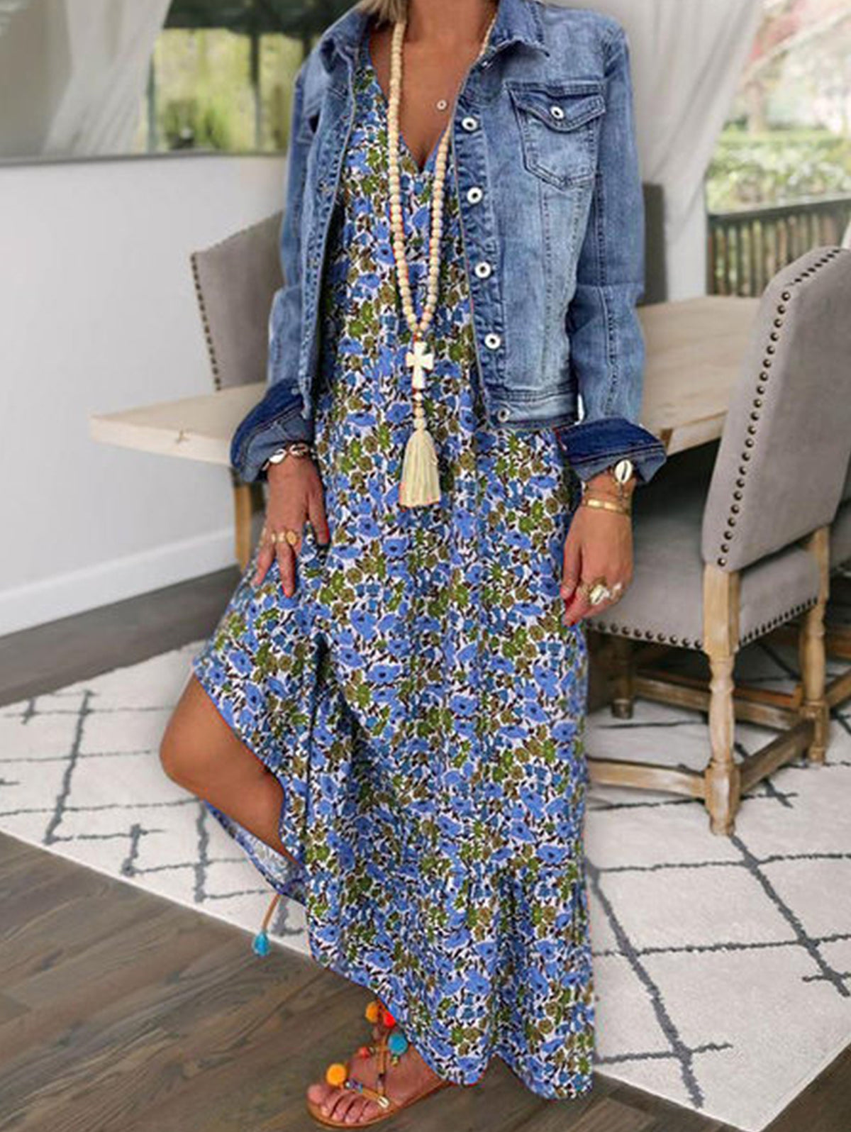 Boho Allover Floral Print V Neck Cami Maxi Dress