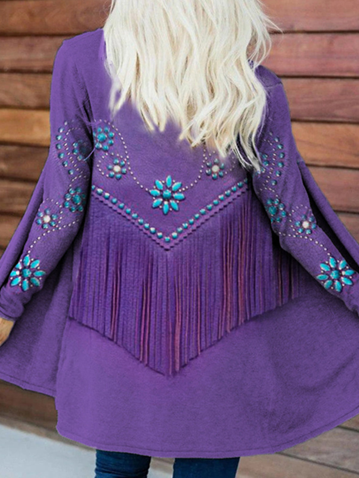 Boho Fringe Print Open Front Long Sleeve Cardigan