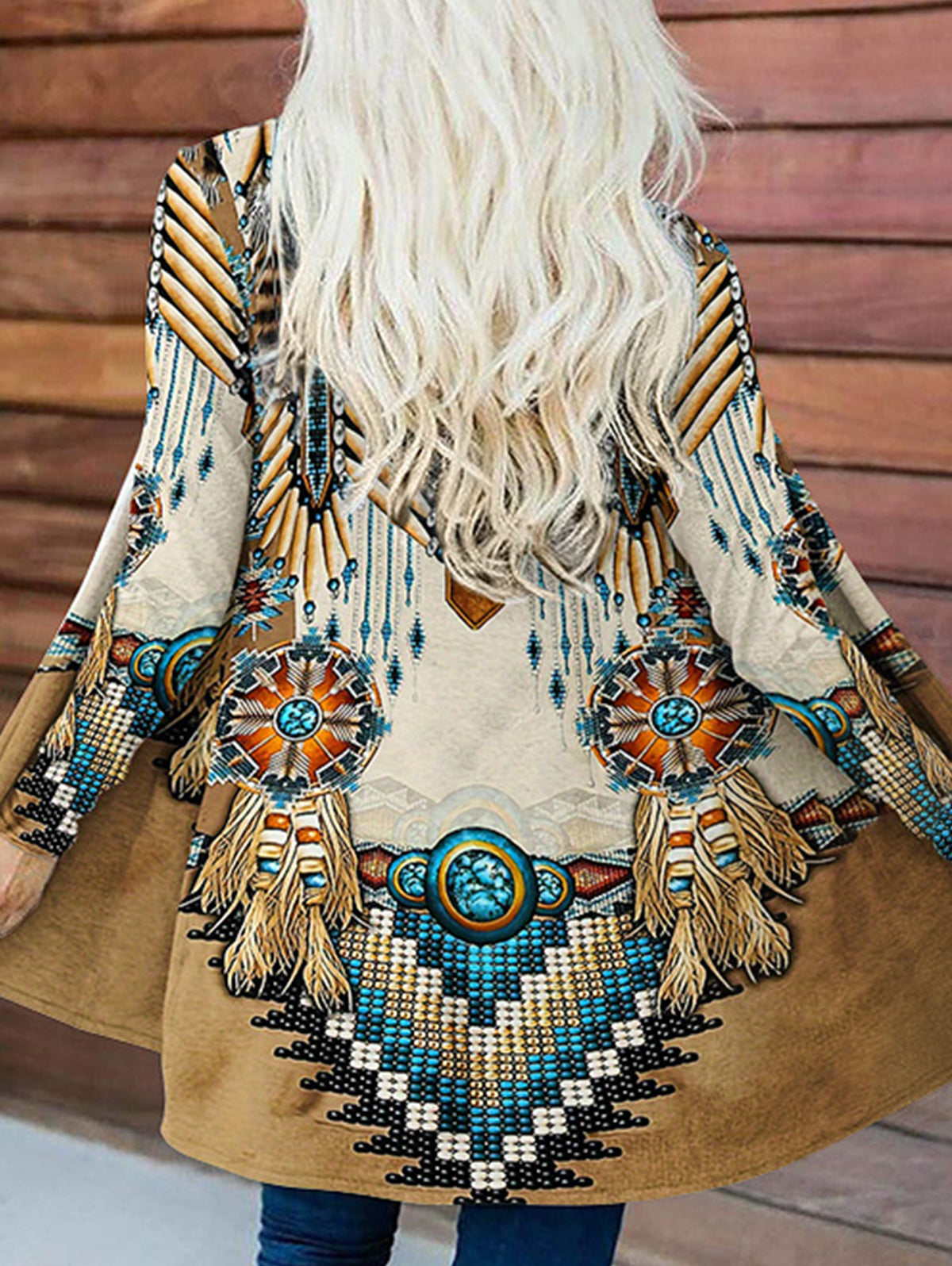 Boho Fringe Print Open Front Long Sleeve Cardigan