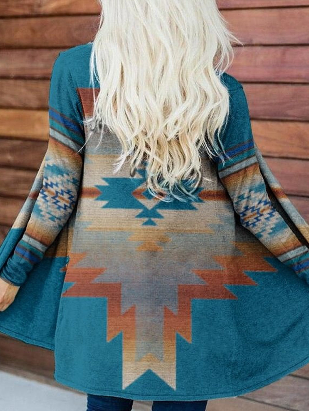 Boho Fringe Print Open Front Long Sleeve Cardigan
