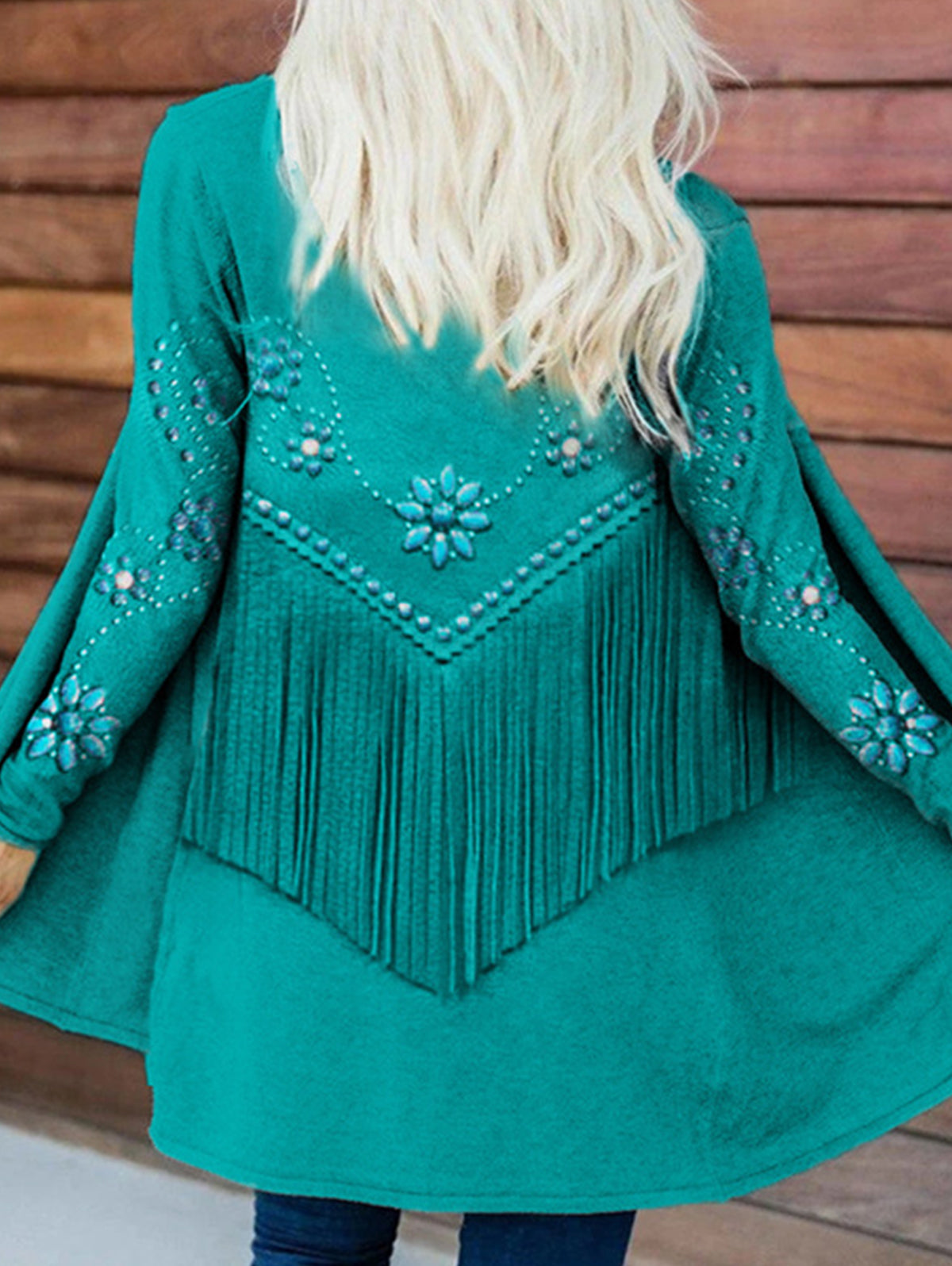 Boho Fringe Print Open Front Long Sleeve Cardigan
