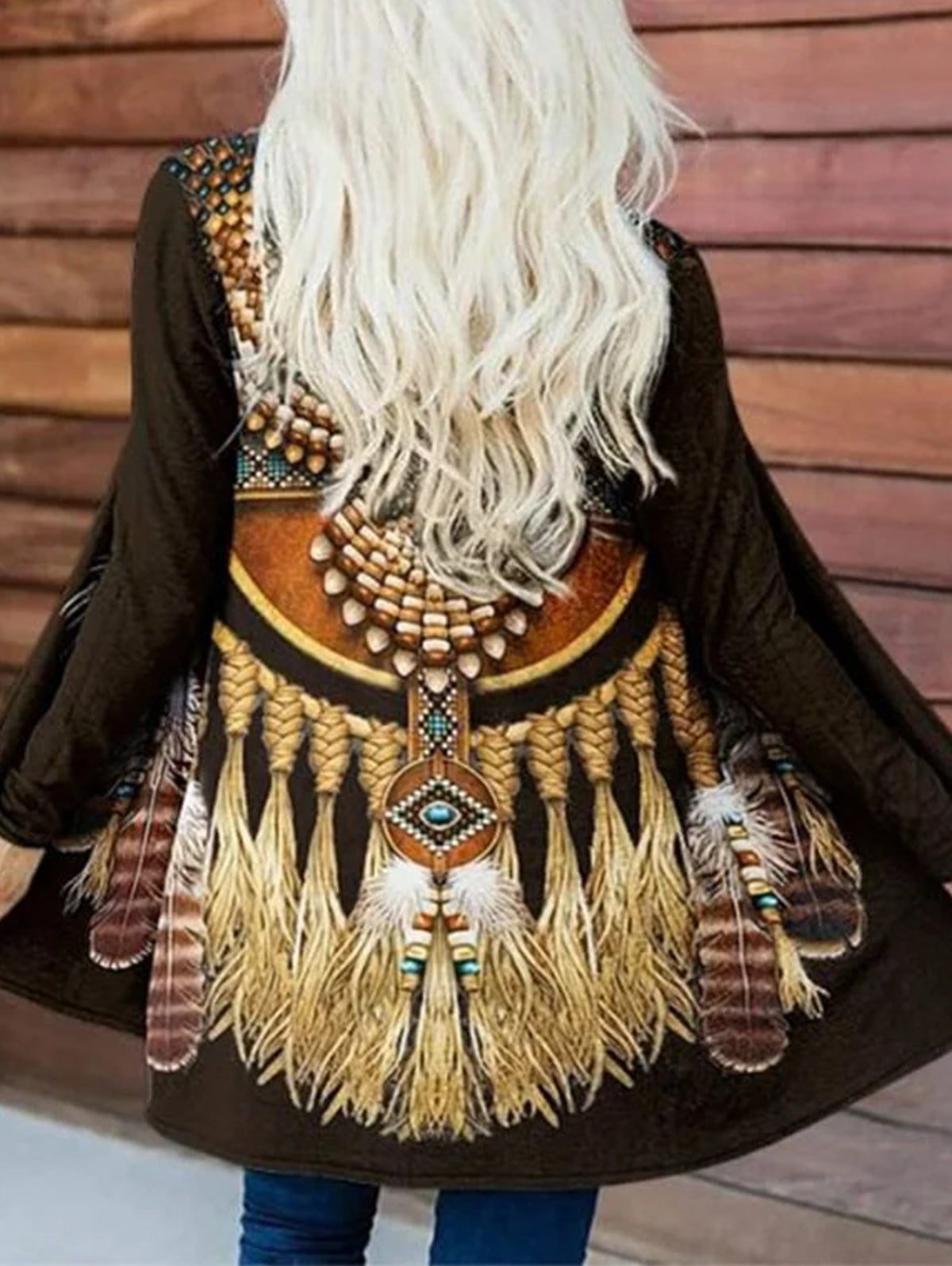 Boho Fringe Print Open Front Long Sleeve Cardigan