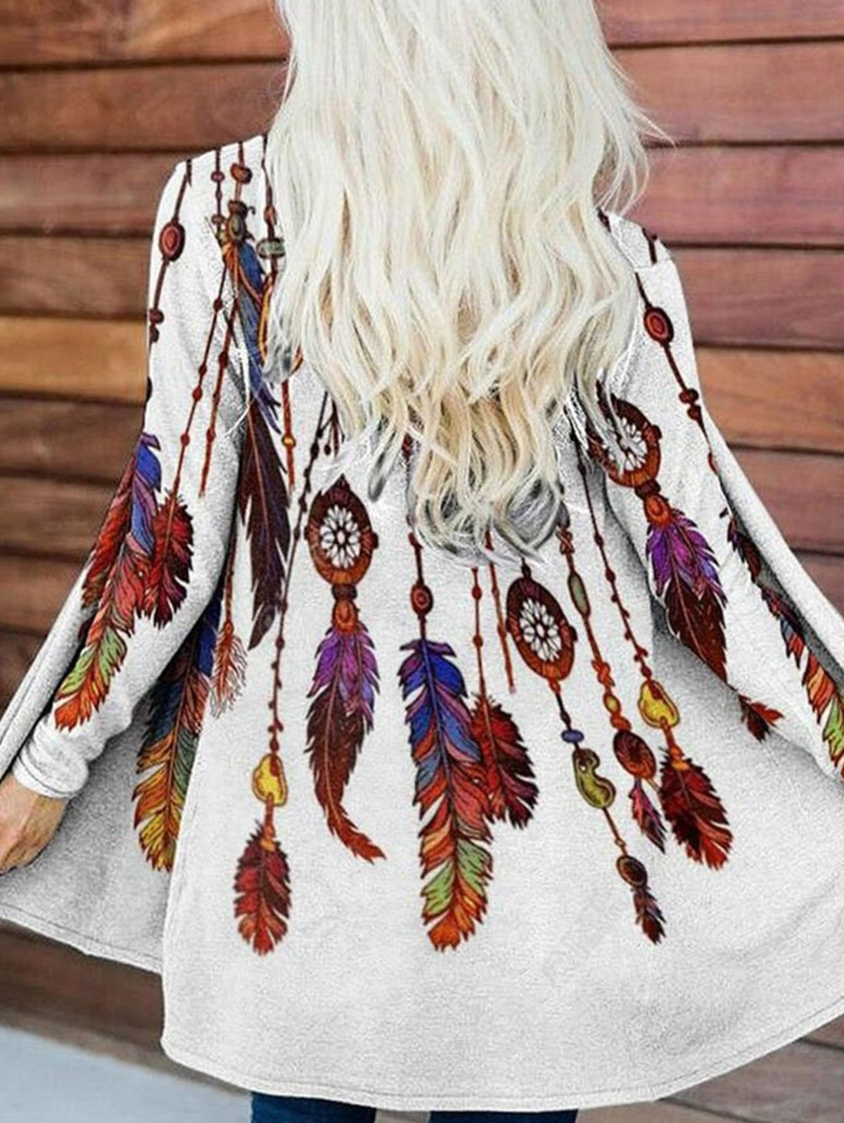 Boho Fringe Print Open Front Long Sleeve Cardigan