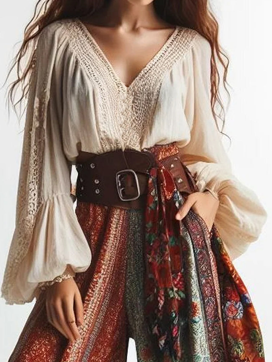 Boho V Neck Lace Lantern Sleeve Solid Blouse
