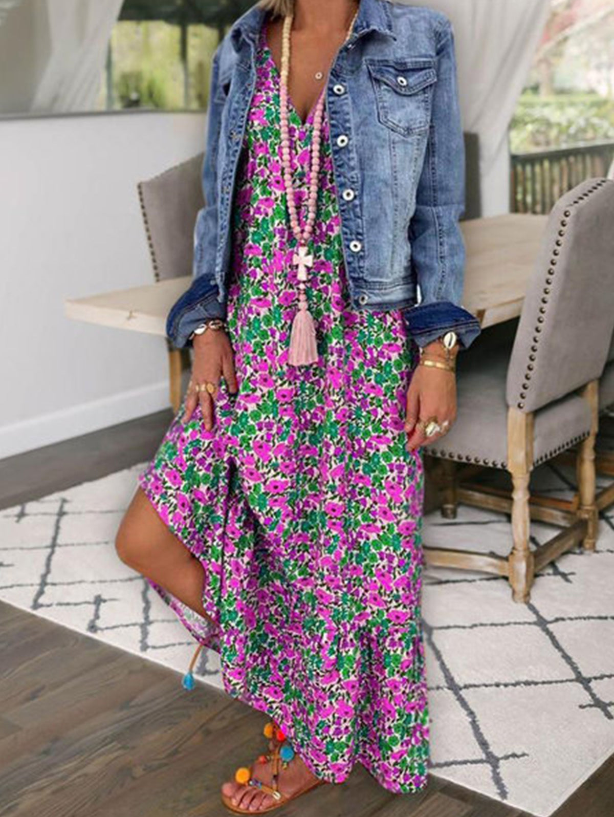 Boho Allover Floral Print V Neck Cami Maxi Dress