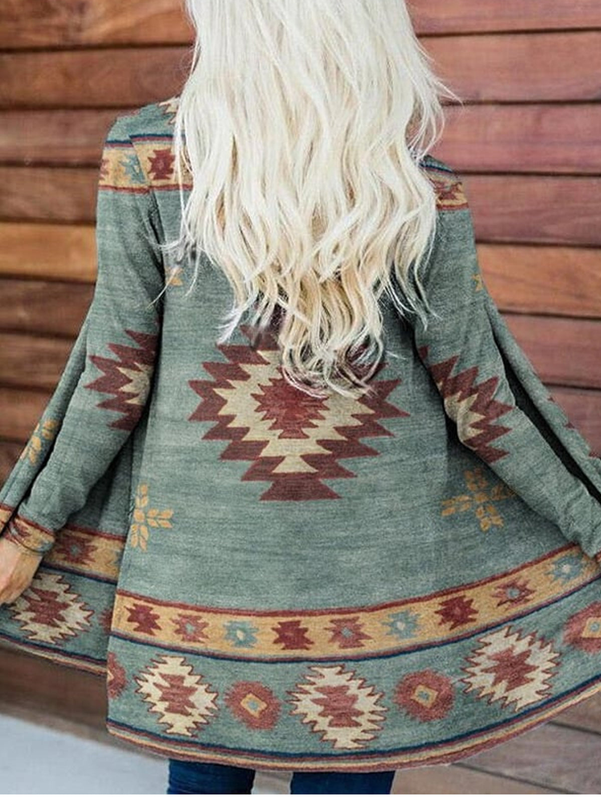Boho Fringe Print Open Front Long Sleeve Cardigan