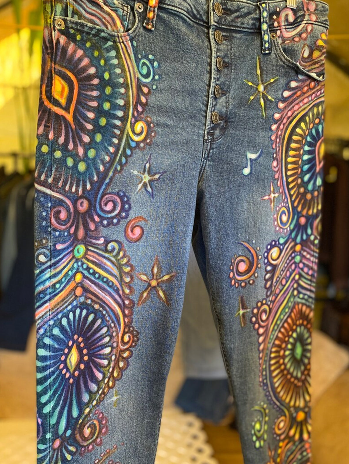 Boho Peacock Feather Pattern Denim Fringed Crop Jeans