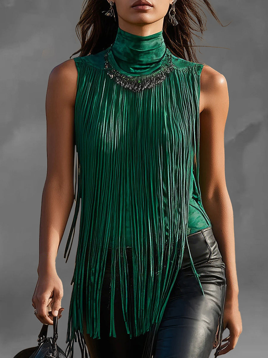 Boho Suede Long Fringe Sleeveless High Neck Blouse
