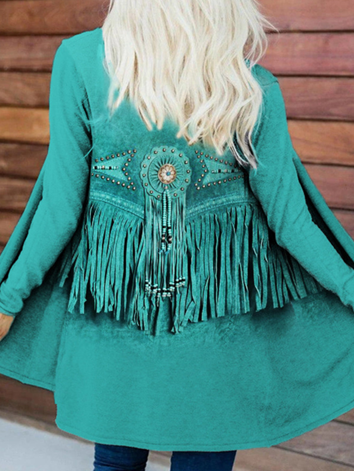 Boho Fringe Print Open Front Long Sleeve Cardigan