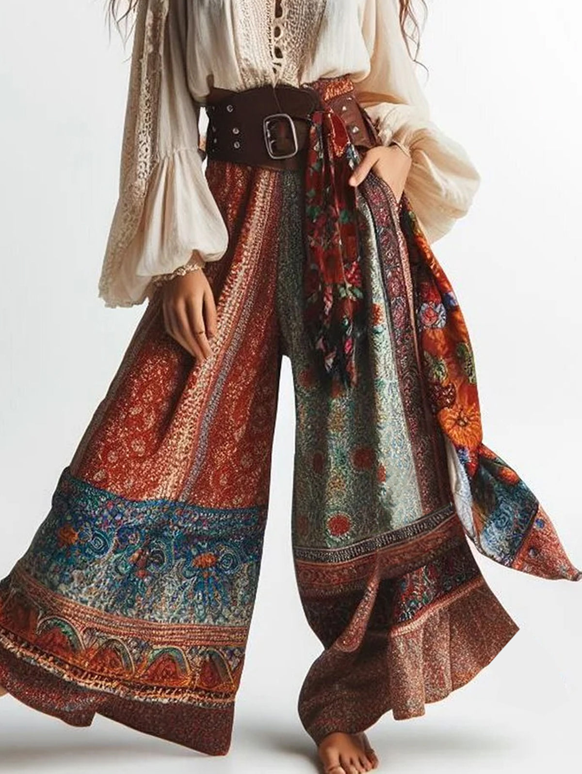 Boho Patchwork Pocket Loose Flare Leg Pants