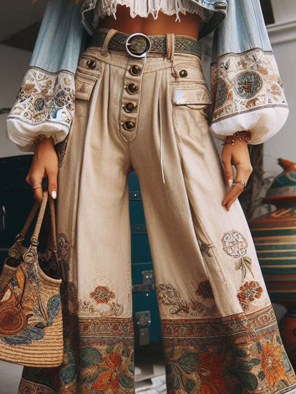Boho Patchwork High Waist Wide Leg Pocket Pants