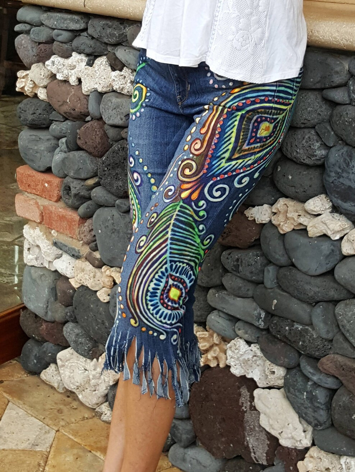 Boho Peacock Feather Pattern Denim Fringed Crop Jeans